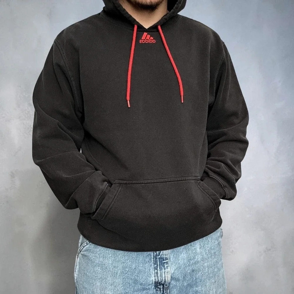 Adidas Center Logo Hoodie Black Red Drawstring Pullover Skater Y2K Size‎ Large